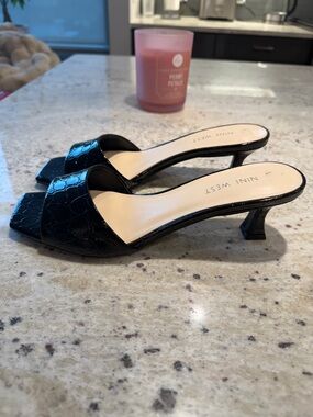 Nine West Black Croc-Embossed Patent Slide Mules